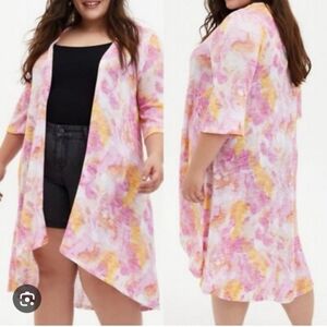 Torrid Hachi Longline Watercolor Knit 3/4 Sleeve Preppy‎ Boho Kimono Cardigan 10